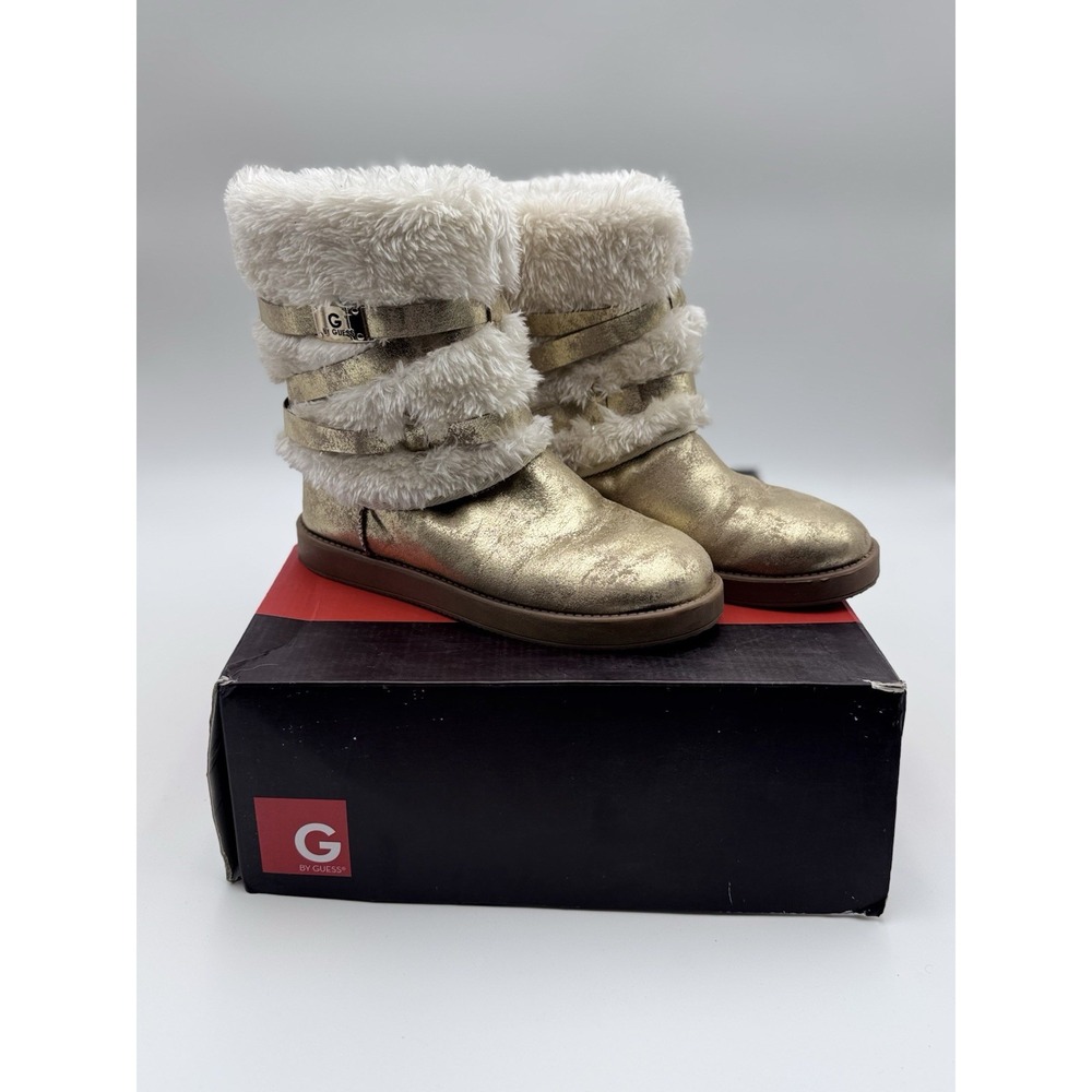 Y2K G by Guess Metallic Gold Winter Boots Faux Fur Slip On women's size 6M Archy